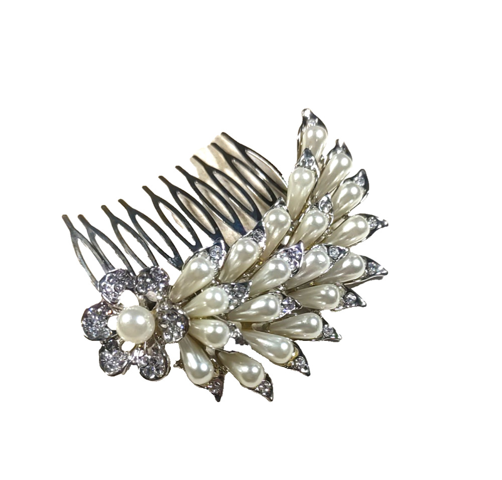 Hair Barrette Comb Silver Tone Faux Pearl Moon Light Serenade